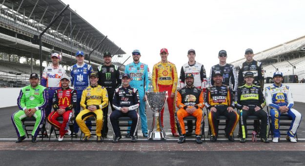 INDIANAPOLIS, INDIANA - SEPTEMBER 08: Ryan Newman, driver of the #6 Acorns Ford, Kyle Larson, driver of the #42 McDonald's Chevrolet, Erik Jones, driver of the #20 STANLEY Wish For Our Heros Toyota, William Byron, driver of the #24 Liberty University Chevrolet, Martin Truex Jr, driver of the #19 AOI Toyota, Clint Bowyer, driver of the #14 Rush/Cummins Ford, Ryan Blaney, driver of the #12 Wabash National Ford, Chase Elliott, driver of the #9 NAPA AUTO PARTS Chevrolet, Denny Hamlin, driver of the #11 FedEx Express Toyota, Alex Bowman, driver of the #88 Nationwide Chevrolet, Kurt Busch, driver of the #1 Monster Energy Chevrolet, Kyle Busch, driver of the #18 M&M's Toyota, Joey Logano, driver of the #22 Shell Pennzoil Ford, Brad Keselowski, driver of the #2 Discount Tire Ford, Kevin Harvick, driver of the #4 Mobil 1 Ford, Aric Almirola, driver of the #10 Smithfield/Meijer Ford, during the Monster Energy NASCAR Cup Series Big Machine Vodka 400 at the Brickyard at Indianapolis Motor Speedway on September 08, 2019 in Indianapolis, Indiana. (Photo by Brian Lawdermilk/Getty Images) | Getty Images