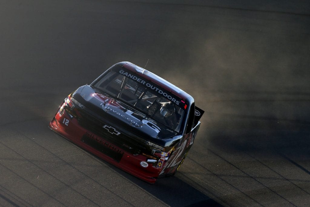 LAS VEGAS, NEVADA - SEPTEMBER 13: Gus Dean, driver of the #12 LG Air Conditioning Technologies Chevrolet, drives during practice for the NASCAR Gander Outdoor Truck Series World of Westgate Las Vegas 200 at Las Vegas Motor Speedway on September 13, 2019 in Las Vegas, Nevada. (Photo by Jonathan Ferrey/Getty Images) | Getty Images