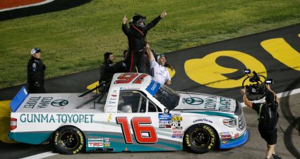 LAS VEGAS, NEVADA - SEPTEMBER 13: Austin Hill, driver of the #16 Gunma Toyopet Toyota, celebrates after winning the NASCAR Gander Outdoor Truck Series World of Westgate Las Vegas 200 at Las Vegas Motor Speedway on September 13, 2019 in Las Vegas, Nevada. (Photo by Jonathan Ferrey/Getty Images) | Getty Images