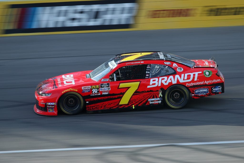 LAS VEGAS, NEVADA - SEPTEMBER 14: Justin Allgaier, driver of the #7 BRANDT Professional Agriculture Chevrolet, races during the NASCAR Xfinity Series Rhino Pro Trucks Outfitters 300 at Las Vegas Motor Speedway on September 14, 2019 in Las Vegas, Nevada. (Photo by Chris Graythen/Getty Images) | Getty Images