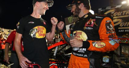 LAS VEGAS, NEVADA - SEPTEMBER 15: Martin Truex Jr., driver of the #19 Bass Pro Shops Toyota, and crew chief Cole Pearn celebrates in victory lane after winning the Monster Energy NASCAR Cup Series South Point 400 at Las Vegas Motor Speedway on September 15, 2019 in Las Vegas, Nevada. (Photo by Chris Graythen/Getty Images) | Getty Images