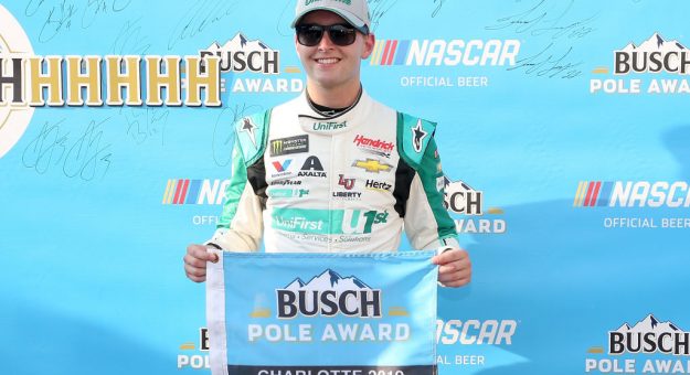 CHARLOTTE, NORTH CAROLINA - SEPTEMBER 27: William Byron, driver of the #24 UniFirst Chevrolet, poses for photos after winning the pole for the Monster Energy NASCAR Cup Series Bank of America ROVAL 400 at Charlotte Motor Speedway on September 27, 2019 in Charlotte, North Carolina. (Photo by Brian Lawdermilk/Getty Images) | Getty Images