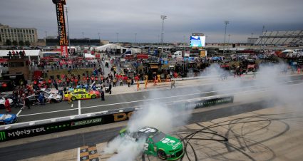 DOVER, DELAWARE - OCTOBER 06: Kyle Larson, driver of the #42 Clover Chevrolet, celebrates with a burnout after winning the Monster Energy NASCAR Cup Series Drydene 400 at Dover International Speedway on October 06, 2019 in Dover, Delaware. (Photo by Chris Trotman/Getty Images) | Getty Images