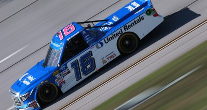 TALLADEGA, ALABAMA - OCTOBER 11: Austin Hill, driver of the #16 United Rentals Toyota, practices for the NASCAR Gander Outdoor Truck Series Sugarlands Shine 250 at Talladega Superspeedway on October 11, 2019 in Talladega, Alabama. (Photo by Sean Gardner/Getty Images) | Getty Images