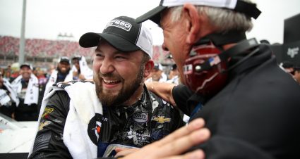 TALLADEGA, ALABAMA - OCTOBER 12: Spencer Boyd, driver of the #20 Alabama Roofing Professionals Chevrolet, celebrates in victory lane after winning the NASCAR Gander Outdoor Truck Series Sugarlands Shine 250 at Talladega Superspeedway on October 12, 2019 in Talladega, Alabama. (Photo by Chris Graythen/Getty Images) | Getty Images