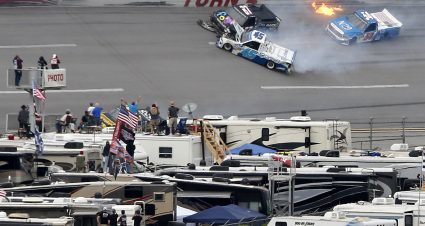 TALLADEGA, ALABAMA - OCTOBER 12: Ross Chastain, driver of the #45 CarShield Chevrolet, Timothy Peters, driver of the #87 Friends of Jaclyn Foundation Chevrolet, and Natalie Decker, driver of the #54 N29 Technologies LLC Toyota, are involved in an on-track incident during the NASCAR Gander Outdoor Truck Series Sugarlands Shine 250 at Talladega Superspeedway on October 12, 2019 in Talladega, Alabama. (Photo by Brian Lawdermilk/Getty Images) | Getty Images