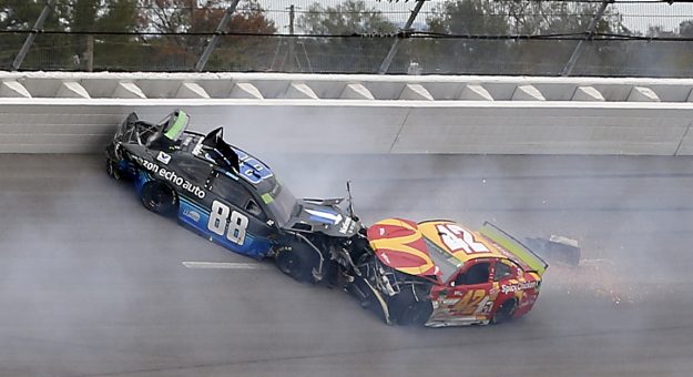 TALLADEGA, ALABAMA - OCTOBER 14: Kyle Larson, driver of the #42 McDonald's Chevrolet, wrecks during the Monster Energy NASCAR Cup Series 1000Bulbs.com 500 at Talladega Superspeedway on October 14, 2019 in Talladega, Alabama. (Photo by Brian Lawdermilk/Getty Images) | Getty Images