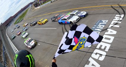 TALLADEGA, ALABAMA - OCTOBER 14: Ryan Blaney, driver of the #12 Dent Wizard Ford, takes the checkered flag ahead of Ryan Newman, driver of the #6 Wyndham Rewards Ford, to win the Monster Energy NASCAR Cup Series 1000Bulbs.com 500 at Talladega Superspeedway on October 14, 2019 in Talladega, Alabama. (Photo by Jared C. Tilton/Getty Images) | Getty Images