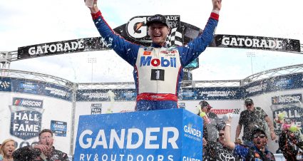 MARTINSVILLE, VIRGINIA - OCTOBER 26: Todd Gilliland, driver of the #4 Mobil 1 Toyota, celebrates in Victory Lane after winning the NASCAR Gander Outdoor Truck Series NASCAR Hall of Fame 200 at Martinsville Speedway on October 26, 2019 in Martinsville, Virginia. (Photo by Brian Lawdermilk/Getty Images) | Getty Images
