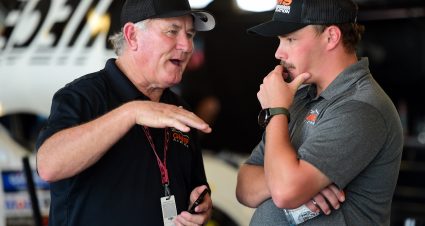 JOLIET, ILLINOIS - JUNE 27: Brett Moffitt (R), driver of the #24 GMS Chevrolet, speaks with his crew chief Jerry Baxter during practice for the NASCAR Gander Outdoors Truck Series Camping World 225 at Chicagoland Speedway on June 27, 2019 in Joliet, Illinois. (Photo by Jared C. Tilton/Getty Images) | Getty Images