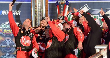 FORT WORTH, TEXAS - NOVEMBER 02: Crew members for Christopher Bell, driver of the #20 Rheem Toyota, celebrate in Victory Lane after winning the NASCAR Xfinity Series O'Reilly Auto Parts 300 at Texas Motor Speedway on November 02, 2019 in Fort Worth, Texas. (Photo by Jared C. Tilton/Getty Images) | Getty Images