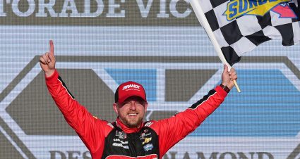 AVONDALE, ARIZONA - NOVEMBER 09: Justin Allgaier, driver of the #7 BRANDT Professional Agriculture Chevrolet, celebrates in Victory Lane after winning the NASCAR Xfinity Series Desert Diamond Casino West Valley 200 at ISM Raceway on November 09, 2019 in Avondale, Arizona. (Photo by Jared C. Tilton/Getty Images) | Getty Images