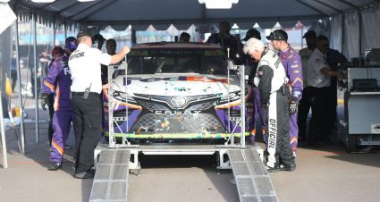 AVONDALE, ARIZONA - NOVEMBER 10: The car of Denny Hamlin, driver of the #11 FedEx Ground Toyota, goes through technical inspection after winning the Monster Energy NASCAR Cup Series Bluegreen Vacations 500 at ISM Raceway on November 10, 2019 in Avondale, Arizona. (Photo by Matt Sullivan/Getty Images) | Getty Images
