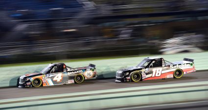 HOMESTEAD, FLORIDA - NOVEMBER 15: Todd Gilliland, driver of the #4 JBL/SiriusXM Toyota, leads Harrison Burton, driver of the #18 Safelite AutoGlass Toyota, during the NASCAR Gander Outdoors Truck Series Ford EcoBoost 200 at Homestead-Miami Speedway on November 15, 2019 in Homestead, Florida. (Photo by Jared C. Tilton/Getty Images) | Getty Images