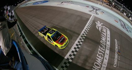 HOMESTEAD, FLORIDA - NOVEMBER 15: Matt Crafton, driver of the #88 Jack Links/Menards Ford, takes the checkered flag to win the NASCAR Gander Outdoors Truck Series Ford EcoBoost 200 at Homestead-Miami Speedway on November 15, 2019 in Homestead, Florida. (Photo by Sean Gardner/Getty Images) | Getty Images
