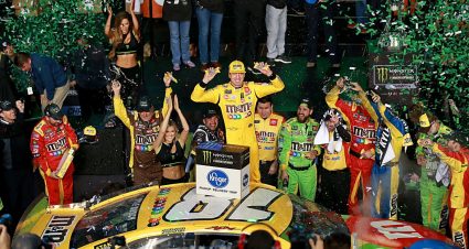 HOMESTEAD, FLORIDA - NOVEMBER 17: Kyle Busch, driver of the #18 M&M's Toyota, celebrates in victory lane after winning the Monster Energy NASCAR Cup Series Championship and the Monster Energy NASCAR Cup Series Ford EcoBoost 400 at Homestead Speedway on November 17, 2019 in Homestead, Florida. (Photo by Sean Gardner/Getty Images) | Getty Images