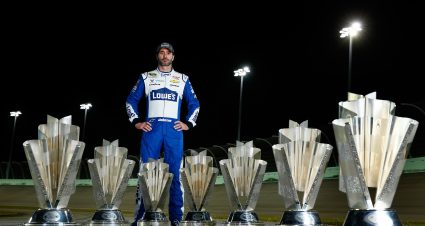 HOMESTEAD, FL - NOVEMBER 20:  Jimmie Johnson, driver of the #48 Lowe's Chevrolet, poses for a portrait after winning the 2016 NASCAR Sprint Cup Series Championship at Homestead-Miami Speedway on November 20, 2016 in Homestead, Florida.  (Photo by Jonathan Ferrey/NASCAR via Getty Images)
