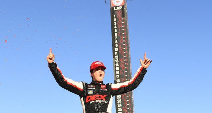 FONTANA, CALIFORNIA - FEBRUARY 29:  Harrison Burton, driver of the #20 Dex Imaging Toyota,  celebrates in Victory Lane after winning the NASCAR Xfinity Series Production Alliance Group 300 at Auto Club Speedway on February 29, 2020 in Fontana, California. (Photo by Stacy Revere/Getty Images) | Getty Images