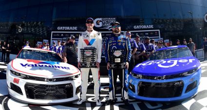 DAYTONA BEACH, FLORIDA - FEBRUARY 09: Ricky Stenhouse Jr., driver of the #47 Kroger Chevrolet, and Alex Bowman, driver of the #88 Valvoline Chevrolet, pose with the front row awards following qualifying for the NASCAR Cup Series 62nd Annual Daytona 500 at Daytona International Speedway on February 09, 2020 in Daytona Beach, Florida. Stenhouse Jr. posted the quickest lap during qualifying and will lead the field to the green flag. (Photo by Jared C. Tilton/Getty Images) | Getty Images