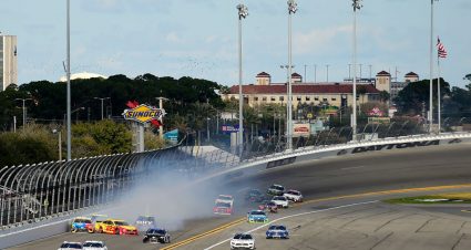 DAYTONA BEACH, FLORIDA - FEBRUARY 09: Joey Logano, driver of the #22 Shell Pennzoil Ford, Kyle Busch, driver of the #18 M&M's Toyota, and Brad Keselowski, driver of the #2 MoneyLion Ford, are involved in an on-track incident during the NASCAR Cup Series Busch Clash at Daytona International Speedway on February 09, 2020 in Daytona Beach, Florida. (Photo by Jared C. Tilton/Getty Images) | Getty Images