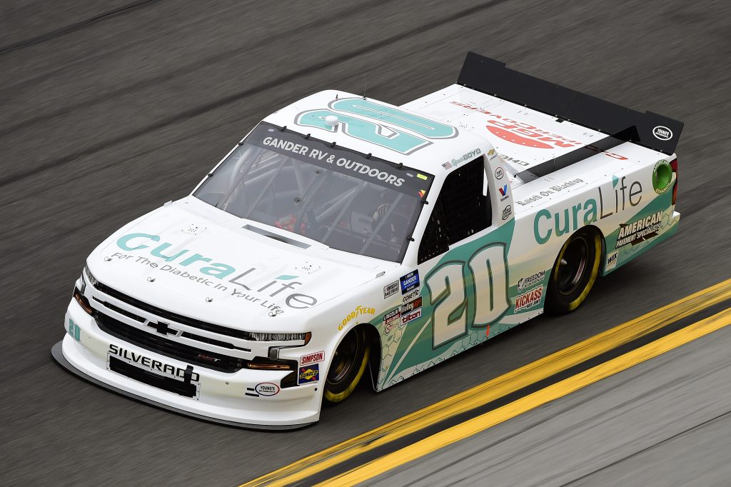 DAYTONA BEACH, FLORIDA - FEBRUARY 14: Spencer Boyd, driver of the #20 CuraLife Chevrolet, qualifies for the NASCAR Gander RV & Outdoors Truck Series NextEra Energy 250 at Daytona International Speedway on February 14, 2020 in Daytona Beach, Florida. (Photo by Jared C. Tilton/Getty Images) | Getty Images