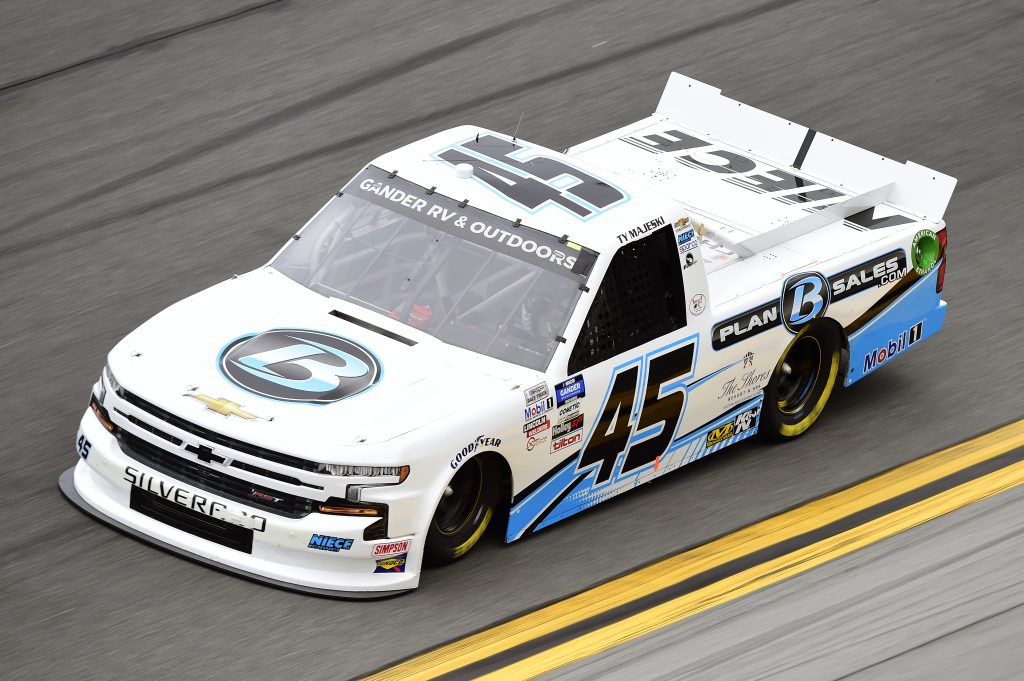 DAYTONA BEACH, FLORIDA - FEBRUARY 14: Ty Majeski, driver of the #45 Plan B Sales Chevrolet, qualifies for the NASCAR Gander RV & Outdoors Truck Series NextEra Energy 250 at Daytona International Speedway on February 14, 2020 in Daytona Beach, Florida. (Photo by Jared C. Tilton/Getty Images) | Getty Images