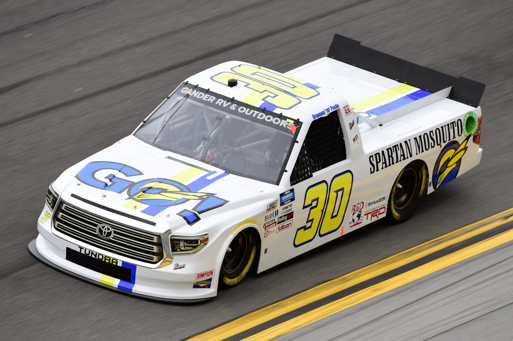 DAYTONA BEACH, FLORIDA - FEBRUARY 14: Brennan Poole, driver of the #30 Spartan Mosquito Toyota, qualifies for the NASCAR Gander RV & Outdoors Truck Series NextEra Energy 250 at Daytona International Speedway on February 14, 2020 in Daytona Beach, Florida. (Photo by Jared C. Tilton/Getty Images) | Getty Images