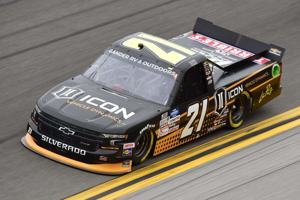 DAYTONA BEACH, FLORIDA - FEBRUARY 14: Zane Smith, driver of the #21 ICON Vehicle Dynamics Chevrolet, qualifies for the NASCAR Gander RV & Outdoors Truck Series NextEra Energy 250 at Daytona International Speedway on February 14, 2020 in Daytona Beach, Florida. (Photo by Jared C. Tilton/Getty Images) | Getty Images