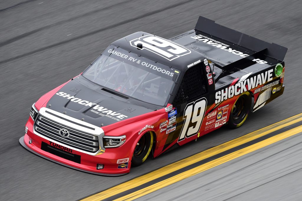 DAYTONA BEACH, FLORIDA - FEBRUARY 14: Derek Kraus, driver of the #19 SHOCKWAVE Toyota, qualifies for the NASCAR Gander RV & Outdoors Truck Series NextEra Energy 250 at Daytona International Speedway on February 14, 2020 in Daytona Beach, Florida. (Photo by Jared C. Tilton/Getty Images) | Getty Images