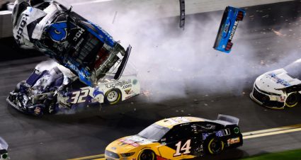 DAYTONA BEACH, FLORIDA - FEBRUARY 17: Ryan Newman, driver of the #6 Koch Industries Ford, and Corey LaJoie, driver of the #32 RagingBull.com Ford, crash during the last lap of the  NASCAR Cup Series 62nd Annual Daytona 500 at Daytona International Speedway on February 17, 2020 in Daytona Beach, Florida. (Photo by Jared C. Tilton/Getty Images) | Getty Images