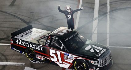 LAS VEGAS, NEVADA - FEBRUARY 21: Kyle Busch, driver of the #51 Cessna Toyota, celebrates during the NASCAR Gander RV & Outdoor Strat 200 at Las Vegas Motor Speedway on February 21, 2020 in Las Vegas, Nevada. (Photo by Jonathan Ferrey/Getty Images) | Getty Images