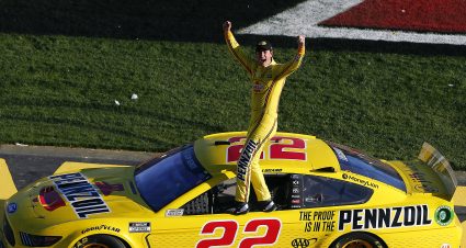 LAS VEGAS, NEVADA - FEBRUARY 23: Joey Logano, driver of the #22 Pennzoil Ford, celebrates his win during the NASCAR Cup Series Pennzoil 400 at Las Vegas Motor Speedway on February 23, 2020 in Las Vegas, Nevada. (Photo by Jonathan Ferrey/Getty Images) | Getty Images
