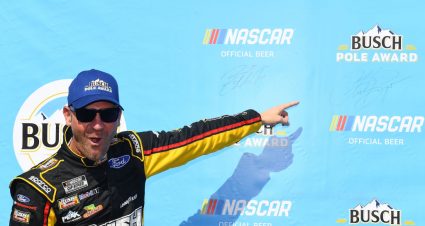 FONTANA, CALIFORNIA - FEBRUARY 29:  Clint Bowyer, driver of the #14 RushHAAS CNC, points to his autograph after qualifying for the pole position for the NASCAR Cup Series Auto Club 400 at Auto Club Speedway on February 29, 2020 in Fontana, California. (Photo by Stacy Revere/Getty Images) | Getty Images