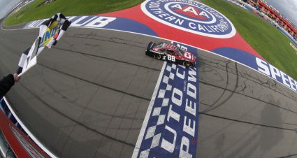 FONTANA, CALIFORNIA - MARCH 01: Alex Bowman, driver of the #88 Cincinnati Chevrolet, takes the checkered flag to win the NASCAR Cup Series Auto Club 400 at Auto Club Speedway on March 01, 2020 in Fontana, California. (Photo by Meg Oliphant/Getty Images) | Getty Images