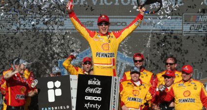 AVONDALE, ARIZONA - MARCH 08: Joey Logano, driver of the #22 Shell Pennzoil Ford, celebrates in Victory Lane after winning the NASCAR Cup Series FanShield 500 at Phoenix Raceway on March 08, 2020 in Avondale, Arizona. (Photo by Christian Petersen/Getty Images) | Getty Images