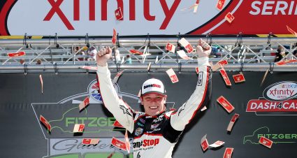 BRISTOL, TN - APRIL 16:  Erik Jones, driver of the #20 Gamestop/Performance Designed Products Toyota, celebrates in Victory Lane after winning the NASCAR XFINITY Series Fitzgerald Glider Kits 300 at Bristol Motor Speedway on April 16, 2016 in Bristol, Tennessee.  (Photo by Todd Warshaw/NASCAR via Getty Images)