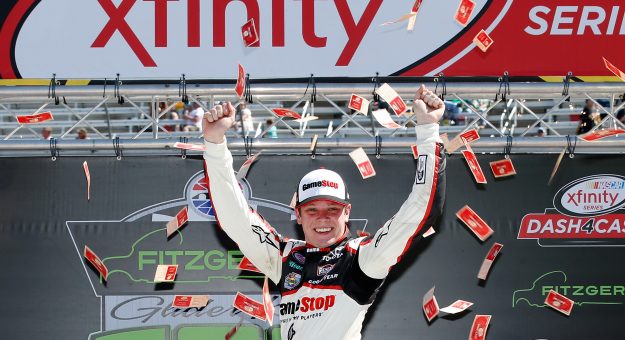 BRISTOL, TN - APRIL 16:  Erik Jones, driver of the #20 Gamestop/Performance Designed Products Toyota, celebrates in Victory Lane after winning the NASCAR XFINITY Series Fitzgerald Glider Kits 300 at Bristol Motor Speedway on April 16, 2016 in Bristol, Tennessee.  (Photo by Todd Warshaw/NASCAR via Getty Images)
