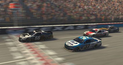 FORT WORTH, TEXAS - MARCH 29:  (EDITORIAL USE ONLY) (Editors note: This image was computer generated in-game) Timmy Hill, driver of the #66 Roofclaim.com Totota, crosses the finish line to win ahead of Ryan Preece, driver of the #37 Cottonelle Chevrolet, during the eNASCAR iRacing Pro Invitational Series Race - O'Reilly Auto Parts 125 at virtual Texas Motor Speedway on March 29, 2020 in Fort Worth, Texas. (Photo by Chris Graythen/Getty Images) | Getty Images