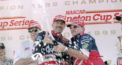 14 Nov 1999: Dale Jarrett celebrates with Crew chief Todd Parrott after the Pennzoil 400, part of the NASCAR Winston Cup Series at the Homestead Miami Speedway in Homestead, Florida. Mandatory Credit: David Taylor  /Allsport
