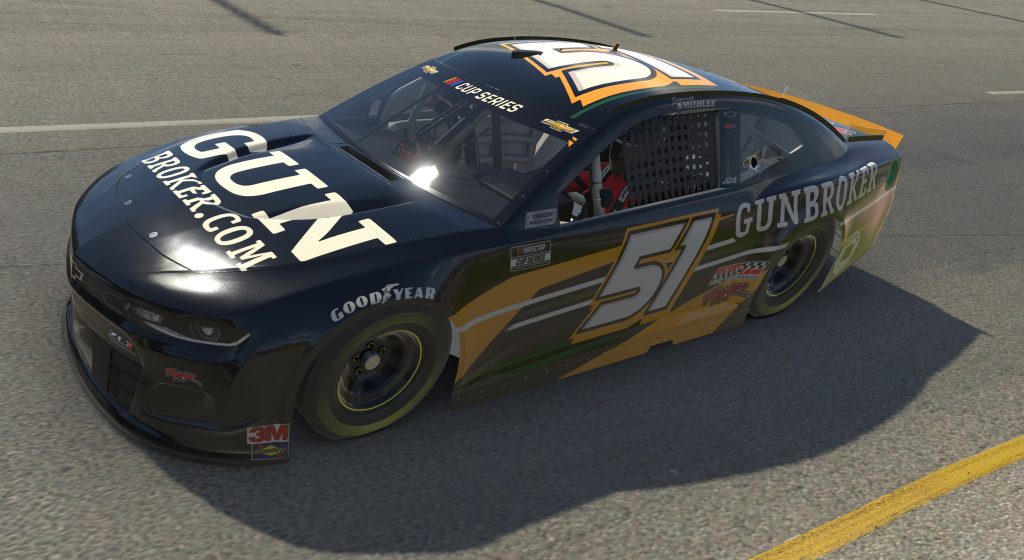 RICHMOND, VIRGINIA - APRIL 19: (EDITORIAL USE ONLY) (Editors note: This image was computer generated in-game) Garrett Smithley, driver of the #51 GunBroker.com Chevrolet, races during the eNASCAR iRacing Pro Invitational Series Toyota Owners 150at Richmond Raceway on April 19, 2020 in Richmond, Virginia. (Photo by Chris Graythen/Getty Images) | Getty Images