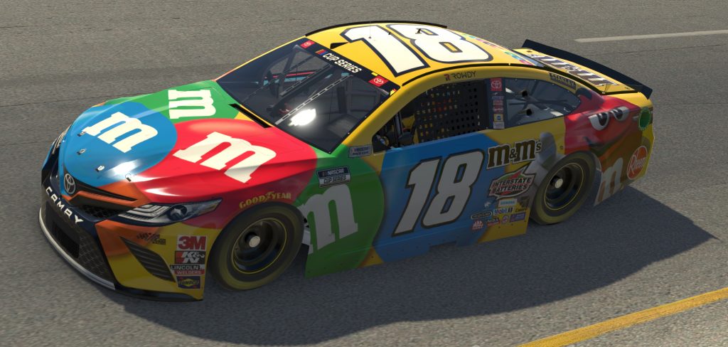 RICHMOND, VIRGINIA - APRIL 19: (EDITORIAL USE ONLY) (Editors note: This image was computer generated in-game) Kyle Busch, driver of the #18 M&M's Toyota, races during the eNASCAR iRacing Pro Invitational Series Toyota Owners 150at Richmond Raceway on April 19, 2020 in Richmond, Virginia. (Photo by Chris Graythen/Getty Images) | Getty Images