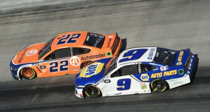BRISTOL, TENNESSEE - MAY 31: Joey Logano, driver of the #22 Autotrader Ford, races Chase Elliott, driver of the #9 NAPA Auto Parts Chevrolet, during the NASCAR Cup Series Food City presents the Supermarket Heroes 500 at Bristol Motor Speedway on May 31, 2020 in Bristol, Tennessee. (Photo by Jared C. Tilton/Getty Images) | Getty Images