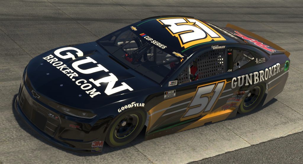 DOVER, DELAWARE - MAY 03: (EDITORIAL USE ONLY) (Editors note: This image was computer generated in-game) Garrett Smithley, driver of the #51 GunBroker.com Chevrolet, races during the eNASCAR iRacing Pro Invitational Series Finish Line 150 at virtual Dover International Speedway on May 03, 2020 in Dover, Delaware. (Photo by Chris Graythen/Getty Images) | Getty Images
