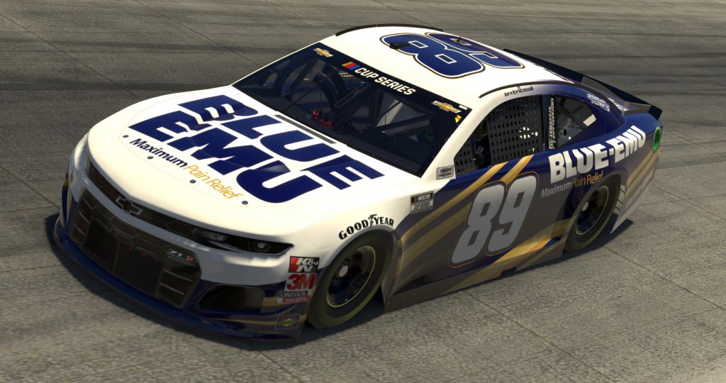 DOVER, DELAWARE - MAY 03: (EDITORIAL USE ONLY) (Editors note: This image was computer generated in-game) Landon Cassill, driver of the #89 Blue Emu Chevrolet, races during the eNASCAR iRacing Pro Invitational Series Finish Line 150 at virtual Dover International Speedway on May 03, 2020 in Dover, Delaware. (Photo by Chris Graythen/Getty Images) | Getty Images
