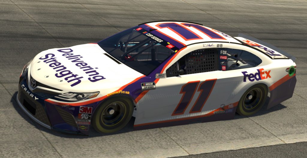 DOVER, DELAWARE - MAY 03: (EDITORIAL USE ONLY) (Editors note: This image was computer generated in-game) Denny Hamlin, driver of the #11 FedEx Delivering Strength Toyota, races during the eNASCAR iRacing Pro Invitational Series Finish Line 150 at virtual Dover International Speedway on May 03, 2020 in Dover, Delaware. (Photo by Chris Graythen/Getty Images) | Getty Images