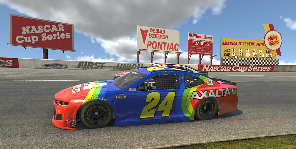 NORTH WILKESBORO, NORTH CAROLINA - MAY 09: (EDITORIAL USE ONLY) (Editors note: This image was computer generated in-game)  Jeff Gordon, driver of the #24 Axalta Chevrolet, races during the eNASCAR iRacing Pro Invitational Series North Wilkesboro 160 at virtual North Wilkesboro Speedway on May 09, 2020 in North Wilkesboro, North Carolina. (Photo by Chris Graythen/Getty Images) | Getty Images