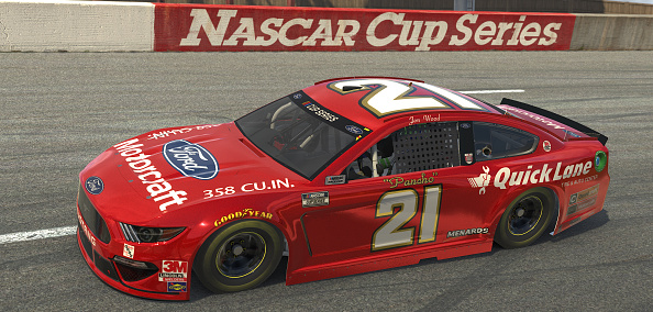 NORTH WILKESBORO, NORTH CAROLINA - MAY 09: (EDITORIAL USE ONLY) (Editors note: This image was computer generated in-game)  Jon Wood, driver of the #21 Motorcraft Ford, races during the eNASCAR iRacing Pro Invitational Series North Wilkesboro 160 at virtual North Wilkesboro Speedway on May 09, 2020 in North Wilkesboro, North Carolina. (Photo by Chris Graythen/Getty Images) | Getty Images