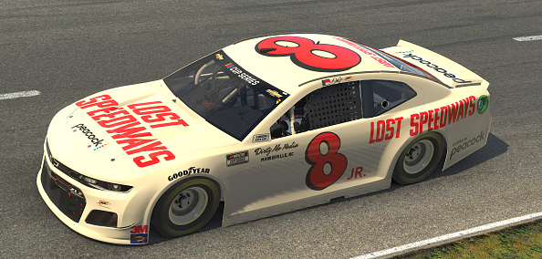 NORTH WILKESBORO, NORTH CAROLINA - MAY 09: (EDITORIAL USE ONLY) (Editors note: This image was computer generated in-game) Dale Earnhardt Jr., driver of the #8 Lost Speedways Chevrolet, races during the eNASCAR iRacing Pro Invitational Series North Wilkesboro 160 at virtual North Wilkesboro Speedway on May 09, 2020 in North Wilkesboro, North Carolina. (Photo by Chris Graythen/Getty Images) | Getty Images