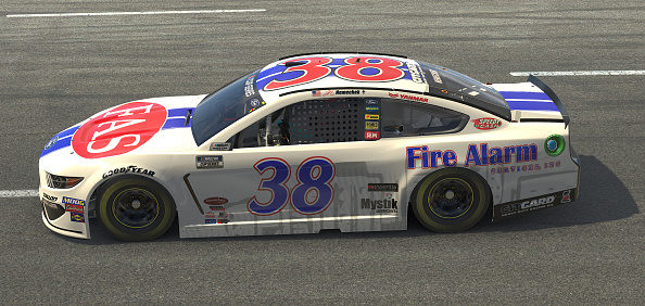 NORTH WILKESBORO, NORTH CAROLINA - MAY 09: (EDITORIAL USE ONLY) (Editors note: This image was computer generated in-game)  John Hunter Nemechek, driver of the #38 Fire Alarm Services Ford, races during the eNASCAR iRacing Pro Invitational Series North Wilkesboro 160 at virtual North Wilkesboro Speedway on May 09, 2020 in North Wilkesboro, North Carolina. (Photo by Chris Graythen/Getty Images) | Getty Images