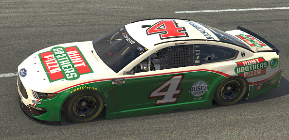 NORTH WILKESBORO, NORTH CAROLINA - MAY 09: (EDITORIAL USE ONLY) (Editors note: This image was computer generated in-game) Kevin Harvick, driver of the #4 Hunt Brotherss Pizza Ford, races during the eNASCAR iRacing Pro Invitational Series North Wilkesboro 160 at virtual North Wilkesboro Speedway on May 09, 2020 in North Wilkesboro, North Carolina. (Photo by Chris Graythen/Getty Images) | Getty Images